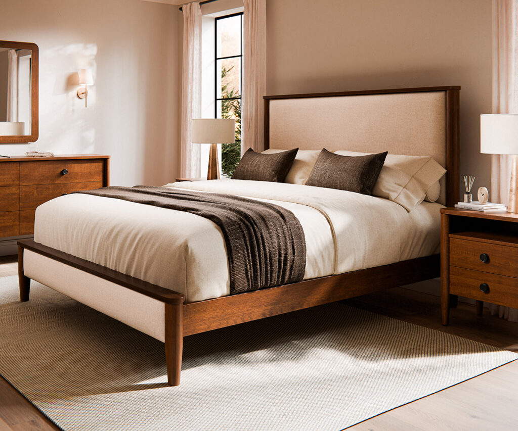How Amish Furniture is made: solid wood bed and nightstands in warm bedroom.